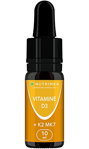 VITAMINE D3 - Avec K2 MK7 - Vitamines d'Origine Végétale & Huile d’Olive BIO - Renforce l'Immunité, Santé des Dents, Os, Muscles - Nutrimea - Flacon Compte-Gouttes - Fabriqué en France