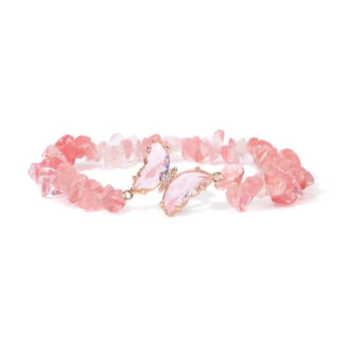 Bracelet papillon malachite naturelle anti-ternissement et quartz rose confortable