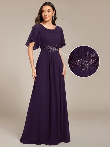 Image of Ever-Pretty Women's Classic Round Neck Pleated Short Sleeves Chiffon Appliques Floor Length A Line Formal Evening Dresses