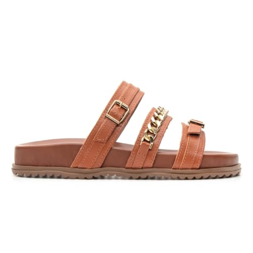 Sandália Feminina Papete Confort Couro Corrente Burly Heads Leve Caramelo (Caramelo, BR, Adulto, Num