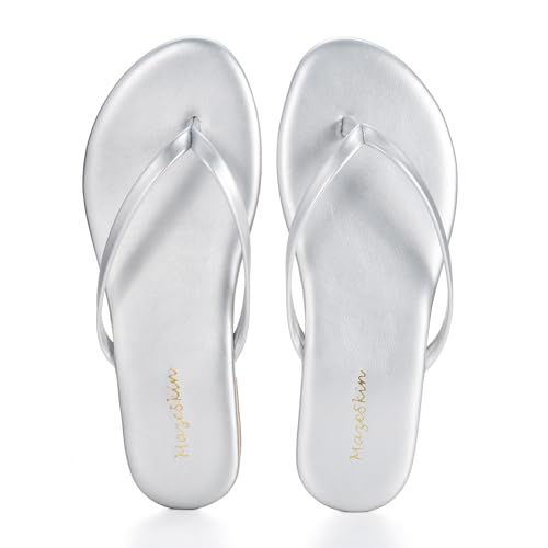 Image of mazeskin Women's Memory Foam Comfortable Flat Thong Sandals Dressy Summer Beach Leather Slide Flip Flops