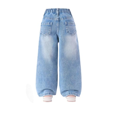 Tween Girls Baggy Jeans - Zipper Elastic Waist Heart Patch Wide Leg Denim Pants for Girls with Five Pockets2