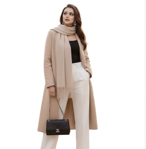 LA FERANI Damen Kaschmir Schal dünn leicht Herbst Winter 200x70 beige Kaschmirschal formell stillvoll elegant extra geschmeidig Uni Farbe Damenschal Geschenk für Sie (Beige)