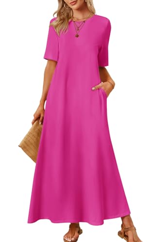 MEROKEETY Summer Spring Maxi Dresses for Women 2026 Beach Vacation Casual Short Sleeve Long T Shirt Dress, Rose, Medium