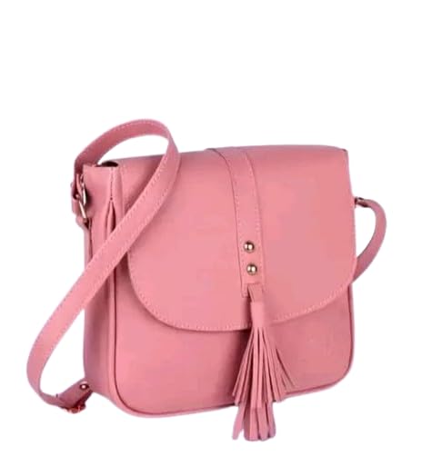 Image of Women's Faux Leather Crossbody Sling Bag, Pink, Tassel Design, Adjustable Shoulder Strap, Fashion Purse