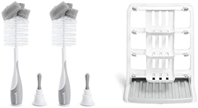 Munchkin Tidy Dry Baby Bottle Drying Rack and 2pk Sponge Bottle Brush, Grey