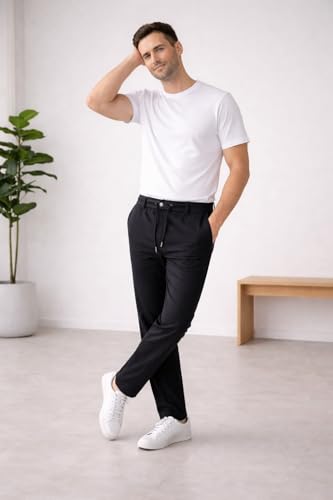Image of 100% Pure Cotton Casual Trousers | Slim Fit Solid Chino Pants for Men | Comfortable Stretchable Everyday Wear Trousers with Side Pockets