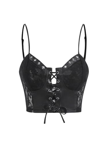 SHENHE Women's Y2K Leather Tank Tops Lace Up Studded Mesh Goth Grunge Crop Tops