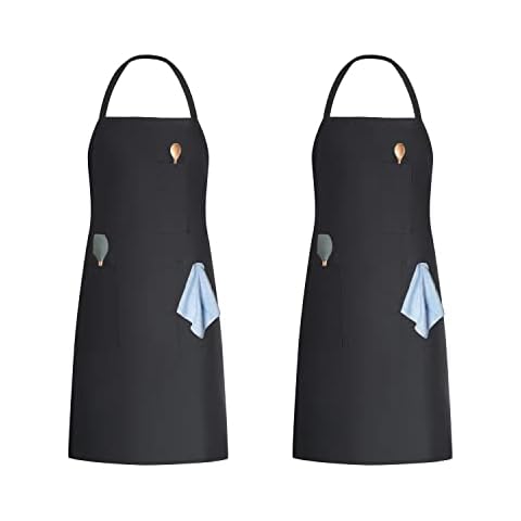 Weavric Unisex Bib Apron with 3 Pockets, Black, 32x28 Inch with Long Ties for Women Men Chef, Kitchen, Crafting, Drawing, Pack of 2 Cover