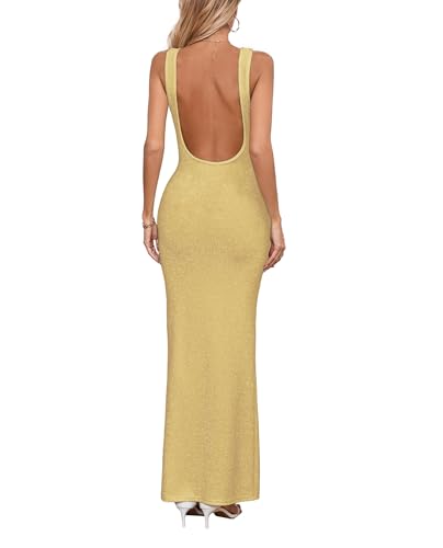 Image of Women's Sexy Backless U Neck Stretchy Bodycon Long Dress