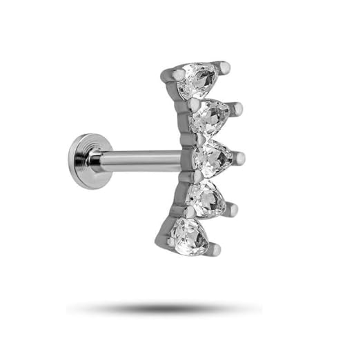 925 Ayar Rodyumlu Gümüş Mekik Tragus Piercing Küpe, Beş Taşlı