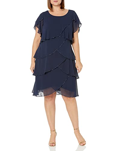 S.L. Fashions Women's Plus Size Capelet Tier Dress with Beaded Detail-Closeout