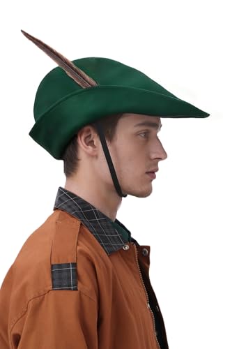 PROCOS Renaissance Robin Hat with Feather Felt Bycocket Hunter Hats Medieval Accessory for Mens Womens