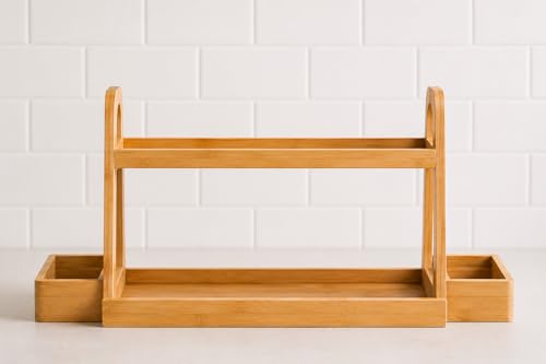 Image of Femora Glass Kitchen Organizer Set with 2-Tier Bamboo Rack | 4 Large Storage Jars 400ml + 3 Small Spice Jars 220ml + 2 Oil Dispenser Bottles 550ml | Airtight Bamboo Lid Containers for Kitchen Storage