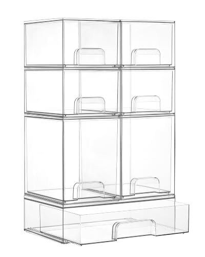 Image of Vtopmart Stackable Storage Drawers Set of 7, Clear Plastic Organizer Bins for Baby Bottle, Beauty Supplies Storage, Ideal for Kichen Countertop, Vanity, Bathroom, Cabinet, Pantry Organization