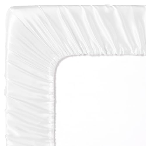Image of Entisn 28x52 Satin Fitted Crib Sheet 2 Pack, White and Baby Pink | 8-Inch Deep Pocket Snug Fit, Silky Satin Protects Hair And Skin, No-Slip Reinforced Edges, Machine Washable Fade-Resistant