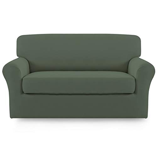 Image of Easy-Going 2 Pieces Stretch Loveseat Couch Sofa Slipcover Washable | Spandex Soft Fitted Sofa Couch Cover for Sofa Furniture Protector with Bottom Kids,Pet Dog Greyish green