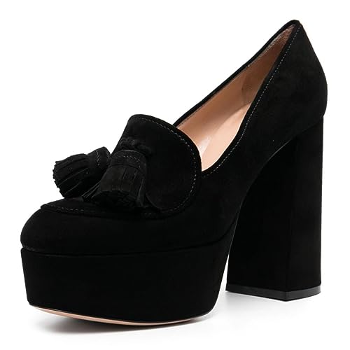 YDN Women Dressy Tassel Loafers Round Closed Toe Slip On Pumps Platform Chunky High Heels Shoes Business Daily Size 4-15 US
