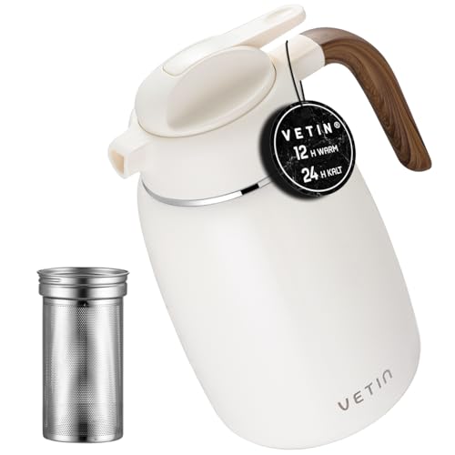 VETIN Termo con colador de té de 1,5 l, jarra térmica de doble pared de acero inoxidable 304, tetera térmica con colador, jarra térmica de 12 horas de calor/24 horas de frío (blanco)