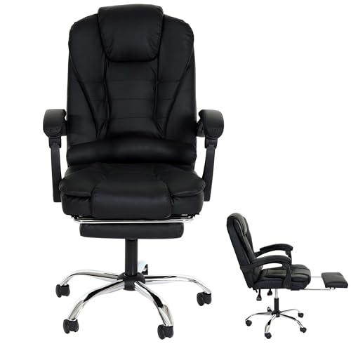 Mendler Silla de oficina HWC-M80, silla de escritorio, silla giratoria, reposapiés extensible, piel sintética, base plateada en cruz - negro