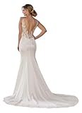 Satin Wedding Dresses for Bride Lace Appliques 2024 V Neck Sleeveless Mermaid Bodycon Sexy Open Back Modern Bridal Ball Gowns with Long Trail for Women White US6