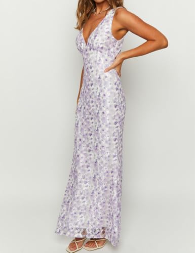Image of Elegant Lace Floral V Neck Backless Bodycon Dresses for Women Sexy Cut Out Low Back Sleeveless Maxi Dress Wedding Guest