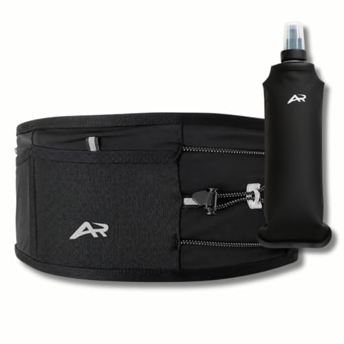 AeroRun Laufgürtel mit Trinkflasche | Lauftasche Jogging für Damen & Herren | Handytasche Joggen auch für große Handys | 360 Anti-Bounce Running Belt inkl. Startnummernband | M-XL >85 cm Bauchumfang