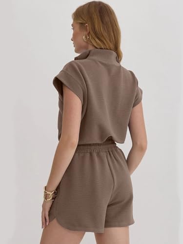 Image of Rompers for Women Summer Short Sleeve Half Zip Lapel Collar Jumpsuit Casual Drawstring One Piece Outfits with Pockets