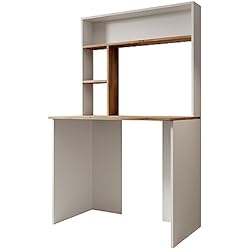 MB Muebles Bonitos | Escritorio Blanco con Estantería | Mesa de Ordenador para Estudio, Oficina o Dormitorio | Escritorio Juvenil 90cm | Tablero Color Pino y Estructura Blanco Mate | Modelo Pixel