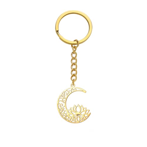 kkjoy Lotus in Moon Keychain Stainless Steel Lotus Flower Yoga