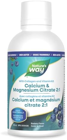 Nature's Way Calcium and Magnesium Citrate 2:1 - Liquid Supplement with Vitamin K2 and Collagen – Helps Support the Maintenance of Bones and Teeth – Blueberry Flavour, 500 mL