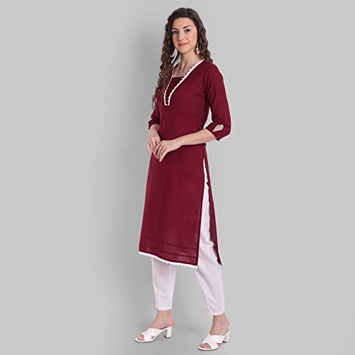 Image of Cotton Casual Maroon Solid Kurta for Girls and Women in 45 Inch Length