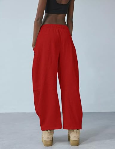 Womens Barrel Leg Sweatpant Mid Rise Elastic Waist Drawstring Casual Baggy Wide Leg Pants with Pockets3