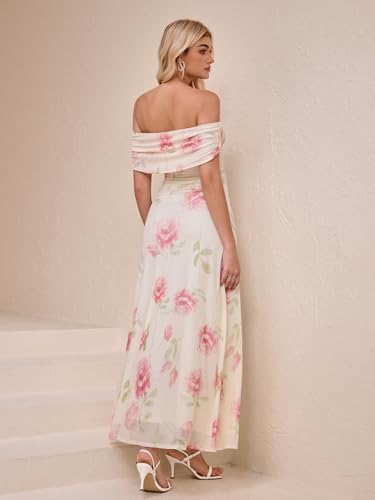 Image of KUTUMAI Women Floral Off Shoulder Maxi Dress Summer Ruched Bodycon Long Formal Wedding Guest Dresses 2026