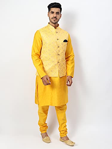 Image of Uri and MacKenzie Men's Silk Blend Regular Kurta Churidar Pyjama with Bundi Nehru Jacket /Waistcoat