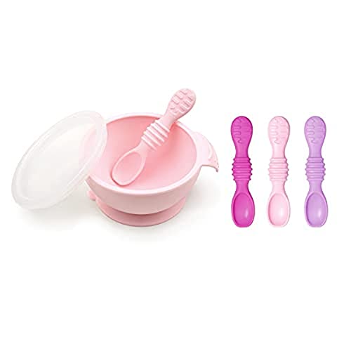 Image of Bumkins Silicone Feeding Set With Suction for Baby and Toddler - Includes Bowl, 4 Spoons, Lid - First Feeding Set, Training Essentials for Led Weaning, 4 Months Up - Pink