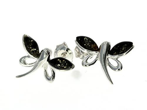 SilverAmber Jewellery UK - 925 Sterling Silber mit baltischem Grüner Bernstein - Libelle Ohrstecker - GL146G Cover