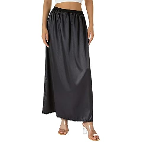 Satin Half Slip for Women Long Underskirt Dress Extender Lace Trim Maxi Skirt for Under Dresses Slip (Black, XXL) Cover
