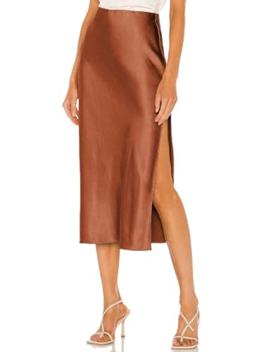 Trend Women's Summer Basic Skirt A-Line Satin Skirt Elegant High Waist Solid Color Slit Elastic for Beach