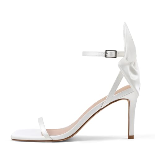 Mattiventon White Heels for Women High Heeled Sandals with Bow Tie Ankle Strap Open Toe Stiletto Heels for Summer Dressy