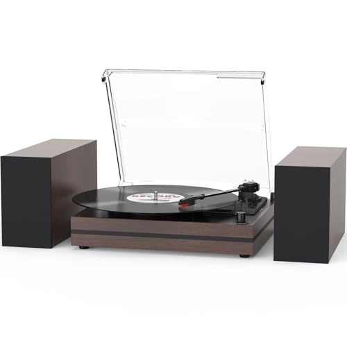 Image of Record Player with Two External Speakers Belt-Drive Turntable for Vinyl Records Dual Stereo Speakers Vintage LP Players Support 3 Speed Wireless Playback AUX Headphone Input Auto Stop Wood Brown