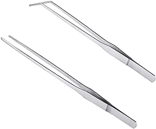 MMOBIEL 2 Tenacillas/Pinzas Extra Largas de Acero Inoxidable 27cm/10.6 Pulgadas, Punta Recta/Curvada y Dentada para Paisajismo Acuático, Jardinería, Cocina, Electrónica