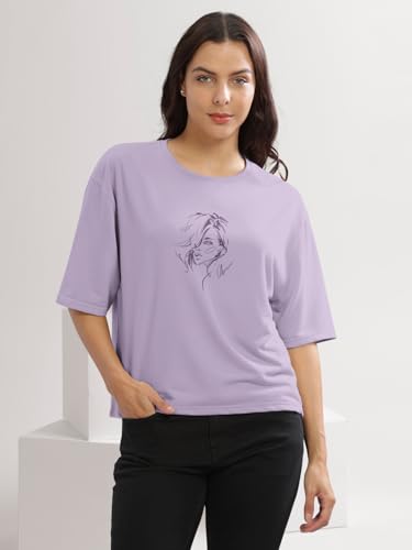 Image of HELLCAT Beige Printed Loose Fit Crew-Neck Crop T-Shirt for Women