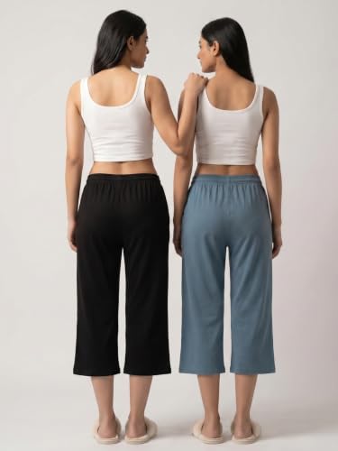 Image of Fflirtygo Women's Cotton Plain Calf Length Capri | Nightwear Pyjama | 3 /4th Solid Pyjama Pant | Black and Bluish Grey Color | Casual wear & Lounge Wear Capri Combo (Pack of 2)