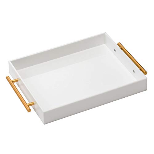 Kevjes Glossy White Acrylic Lucite Serving Tray With Metal Handles,No Need To Assemble,11X14 Inch,Decorative Storage Organizer With Spill-Proof Design,Serving For Coffee,Breakfast,Dinner And More cover