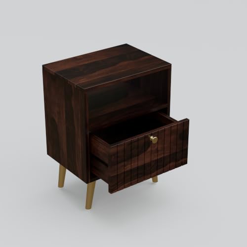 Image of Solid Sheesham Wood Bedside Table with Storage Cabinet & Open Shelf | Wooden Nightstand with Fluted Door, Gold Finish Metal Legs & Brass Knob (Walnut Finish)