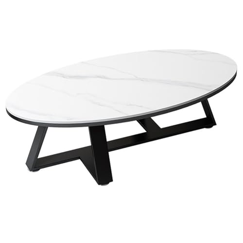 White Marble Coffee Table - Elegant Oval Design With Metal Frame - Stylish And Unique Center Table For Small Spaces - Sintered Stone Top - Capture The Essence(Size:80cm(31inch),Color:Black Metal Legs)