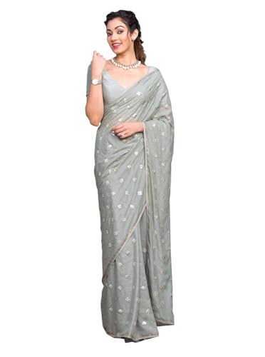 Image of TRENDMALLS Women's Satin Siroski with Embroidery butti work Saree with Blouse Piece