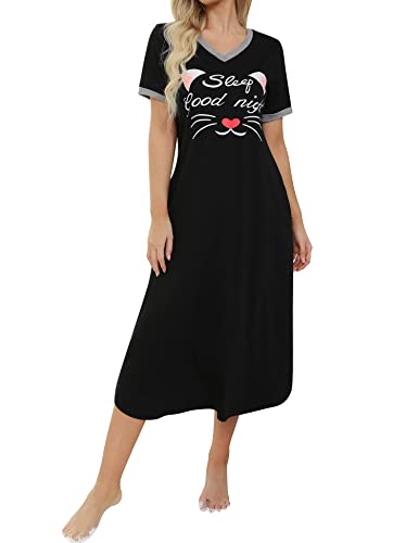 Maintain Vigour long nightgowns for women plus size nightgowns soft night gown for ladies with pocket Black
