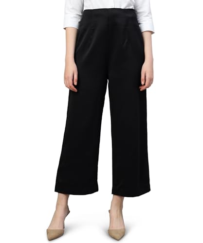 Image of FITHUB Women's High-Rise Cotton Blend Solid Pattern Stretchable Parallel Trouser /Regular Casual Wear Trousers /Straight Fit Solid Flat-Front Trousers